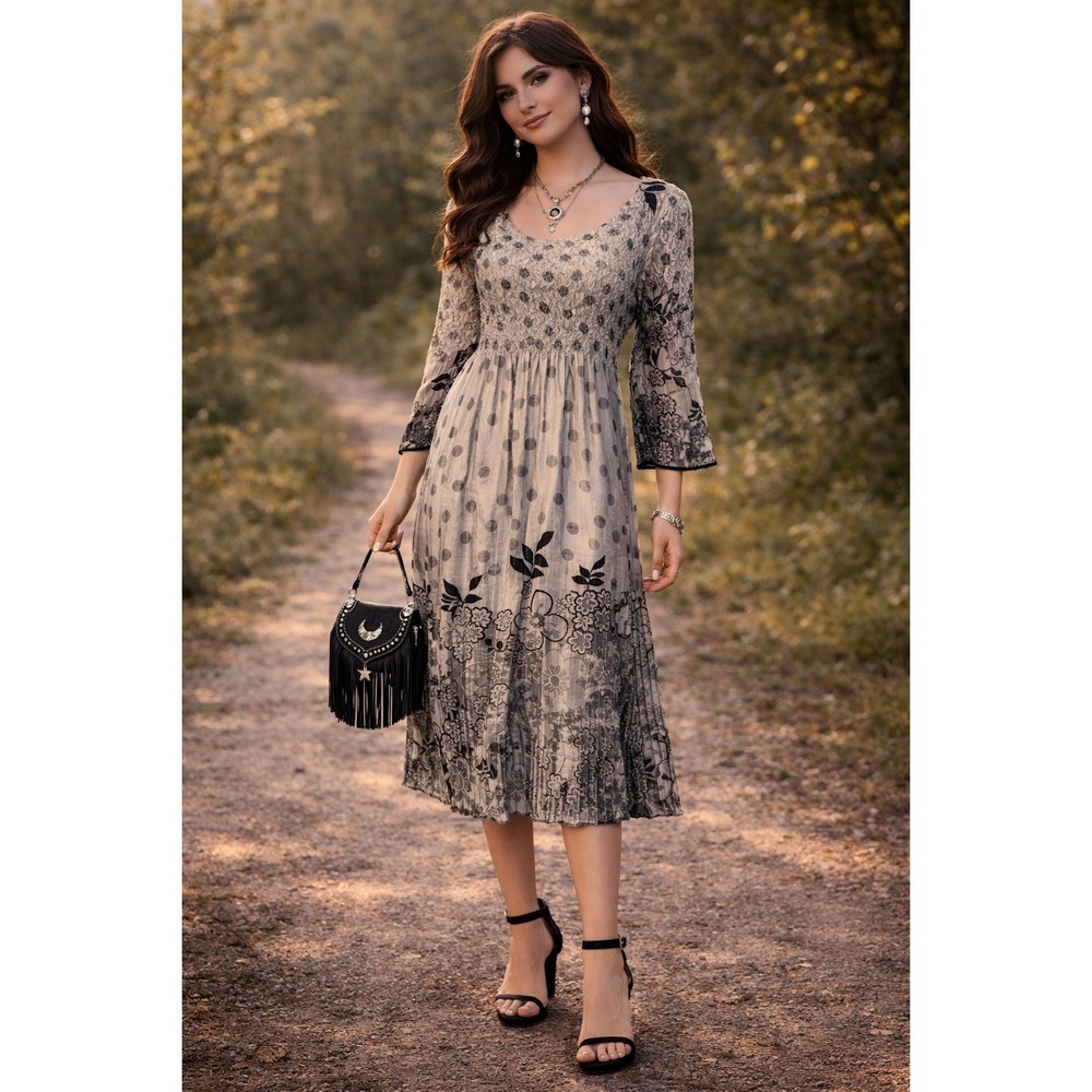Whimsigoth‎ Y2K 90s Silver Black Floral Polka Dot Pleated Textured Midi S Dress